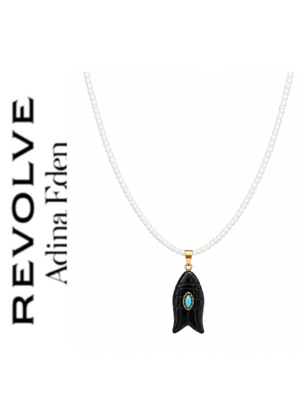 Revolve x Adina Eden Black Onyx Fish Pendant with White Quartz Beaded Necklace